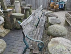 A LARGE CAST AND WOODEN GARDEN BENCH, L 310 cm A/F