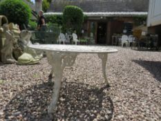 A WHITE PAINTED ALUMINIUM LOW CAST PATIO TABLE, H 39 cm, DIA. 76 cm