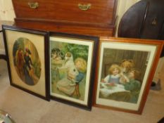 A VICTORIAN MAPLE FRAMED PRINT DEPICTING TWO CHILDREN WITH DOG, 71 x 44.5 cm, TOGETHER WITH TWO