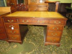 AN EDWARDIAN OAK LEATHER TOPPED TWIN PEDESTAL DESK, W 137 cm