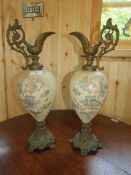 A PAIR OF VICTORIAN PAINTED EWERS, H 48 cm (PAIR)