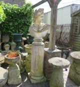 A GRECO ROMAN STONE BUST OF A CLASSICAL MALE ON A REEDED COLUMN, H 183 cm
