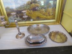 A COLLECTION OF SILVER PLATE TO INCLUDE CANDELABRA, WAITER, ENTREE DISH AND GALLERY TRAY (4)