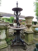AN ANTIQUE CAST IRON TWO TIER WATER FEATURE WITH FIGURATIVE DETAIL, H 165 cm