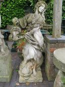 A LARGE FEMALE STONE WATER CARRIER STATUE, H 142 cm