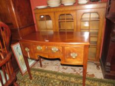 A VICTORIAN MAHOGANY BOW FRONTED SIDE TABLE WITH THREE DRAWERS, W 94 cm