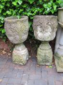 A PAIR OF ANTIQUE FOLIATE GARDEN URNS ON PLINTHS, H 87 cm (2)