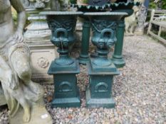 A PAIR OF SMALL CAST IRON CAMPANA URNS ON STANDS, H 68 cm (2)