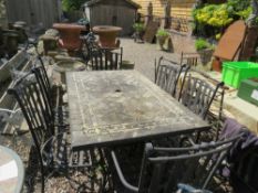 A VINTAGE 'MOSAIC' TOP STYLE RECTANGULAR GARDEN TABLE AND FOUR CHAIRS