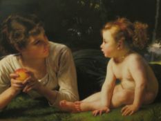 A LARGE FRAMED COLOURED PRINT DEPICTING A LADY & CHILD - AFTER BOVGVEREAV, 62 X 70 cm