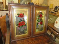 A PAIR OF EARLY 20TH CENTURY OAK FRAMED GYPSY MIRRORS, EACH WITH PAINTED AND ETCHED FLORAL DETAIL,