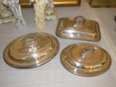 THREE ANTIQUE SILVER PLATE ENTREE DISHES AND COVERS