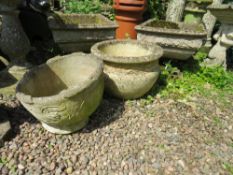 TWO CIRCULAR STONE GARDEN URNS (2)