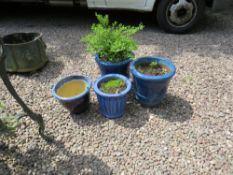FOUR MODERN BLUE GLAZED GARDEN PLANTERS (4)
