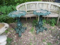 A PAIR OF GREEN PAINTED CAST IRON FOLIATE TABLES, H 63 cm (2)