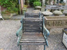 A PAIR OF CAST AND WOODEN GARDEN ARMCHAIRS (2)