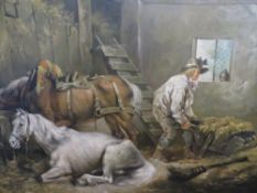 A LARGE CONTEMPORARY OIL ON CANVAS OF AN INTERIOR STABLE SCENE 80 x 105 cm