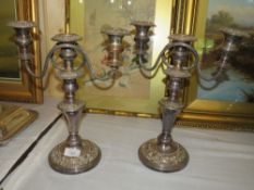 A PAIR OF SHEFFIELD PLATE THREE BRANCH CANDELABRA, H 35 cm (2)
