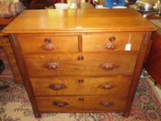 A 19TH CENTURY ELM CHEST OF DRAWERS, WITH FIVE DRAWERS, CARVED HANDLES, H 99 cm, W 103 cm