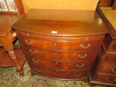 A 20TH CENTURY MAHOGANY BOW FRONTED CHEST OF FOUR DRAWERS, WITH SLIDE, W 76 cm
