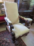 A 19TH CENTURY VICTORIAN MAHOGANY FRAMED GENTLEMANS ARMCHAIR - IN NEED OF UPHOLSTERY