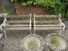 A PAIR OF ANTIQUE CAST IRON AND WOODEN BENCHES, L 117 cm (2)