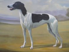 A 20TH CENTURY OIL ON CANVAS DEPICTING A BLACK AND WHITE DOG, 50 x 70 cm