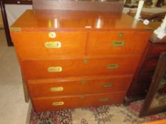 A LATE 19TH CENTURY MAHOGANY CAMPAIGN CHEST OF FIVE DRAWERS, WITH INSET BRASS HANDLES AND CORNER