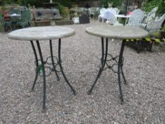 A PAIR OF GARDEN TABLES WITH CIRCULAR WOODEN TOPS, H 72 cm, DIA. 62 cm (2)