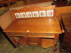 AN EDWARDIAN PINE AND TILE BACK WASHSTAND, W 110 cm