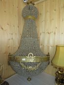 A LARGE 20TH CENTURY GILT EMPIRE STYLE TENT & BAG CHANDELIER, of French influence, with glass beads,