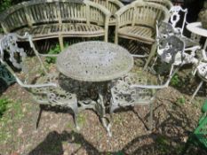 A CAST SILVER PAINTED GARDEN TABLE WITH TWO CHAIRS