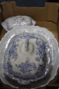 TWO TRAYS OF BLUE AND WHITE DINNERWARE