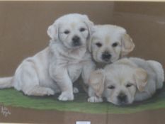 A PASTEL OF THREE LABRADOR PUPPIES, SIGNED LOWER LEFT JULIE HYDE, TOGETHER WITH A SMALLER PRINT OF