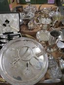 TWO TRAYS OF ASSORTED SILVER PLATED METALWARE TO INCLUDE TWO THREE PIECE TEA SERVICES