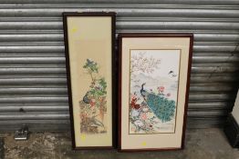 A FRAMED AND GLAZED SIGNED CHINESE PRINT ON SILK BY WEI TSENG YANG TOGETHER WITH A PAINTING ON