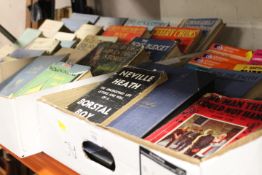 STAMP ALBUMS, O/S MAPS AND VARIOUS BOOKS IN THREE TRAYS