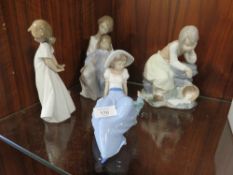 FOUR ASSORTED NAO FIGURES TO INCLUDE A GIRL WITH A PAIL OF SPILT MILK