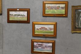 A COLLECTION OF FOUR PRINTS OF FAMOUS CRICKET GROUNDS BY TERRY HARRISON - EACH WITH A SMALL ENGRAVED