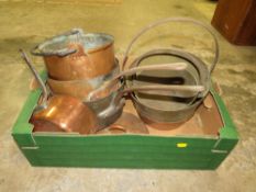 A SELECTION OF COPPER COOKING POTS, BRASS JAM POTS, COPPER SKILLET ETC