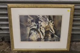 A FRAMED AND GLAZED WATERCOLOUR OF A VENETIAN FACADE BY TREVOUR WAUGH ENTITLED TOMB FACED IN THE