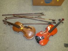 TWO VINTAGE VIOLINS TOGETHER WITH SIX VIOLIN BOWS A/F