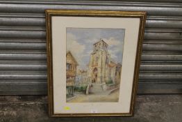 A FRAMED AND GLAZED WATERCOLOUR OF NUNS ON THE STEPS OUTSIDE A TOWN CHURCH - FOXED