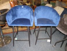 A PAIR OF MODERN BLUE UPHOLSTERED KITCHEN STOOLS