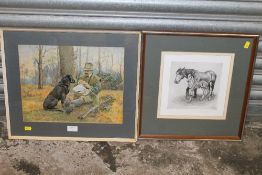 A FRAMED AND GLAZED PRINT OF A MARE AND FOAL TOGETHER WITH A FRAMED AND GLAZED PRINT OF A GAME