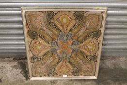 A LARGE FRAMED AND GLAZED HEAVILY EMBROIDERED PANEL