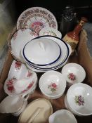 A TRAY OF ASSORTED CERAMICS TO INCLUDE A WADE BELL'S WHISKY DECANTER ETC