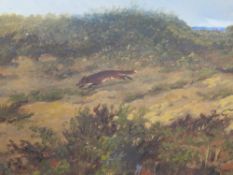 A FRAMED AND GLAZED OIL ON BOARD OF A RUNNING FOX IN HEATH LAND, SIGNED LOWER LEFT SYLVESTER MARTIN