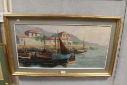 A LARGE FRAMED OIL ON CANVAS OF AN ITALIAN STYLE BOATS IN HARBOUR SCENE INDISTINCTLY SIGNED LOWER
