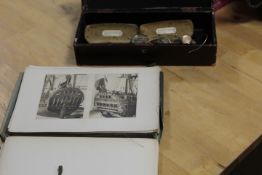 A BOOK OF VARIOUS SHIP MODEL PLATES TOGETHER WITH A BOX CONTAINING VINTAGE WIRE RIMMED SPECTACLES